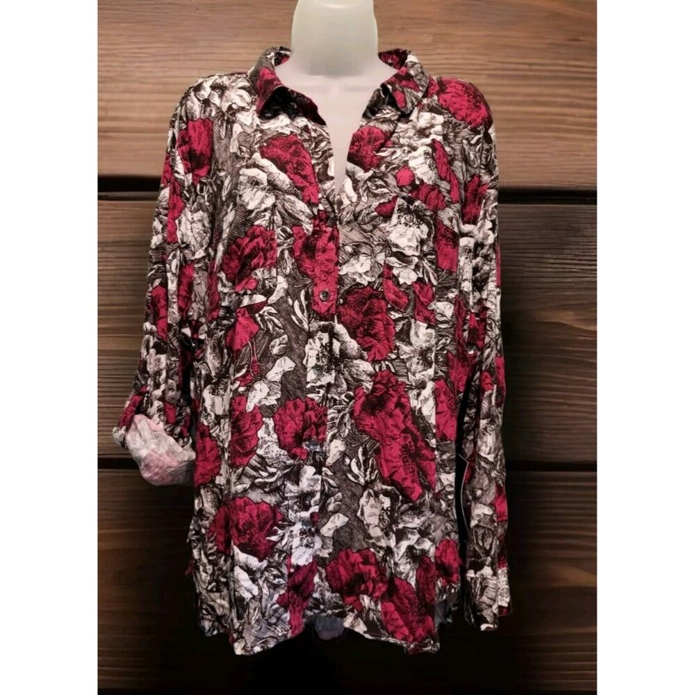 New Womens Rock & Republic Pink Black Floral Roll Tab Sleeve Button Up Shirt XXL